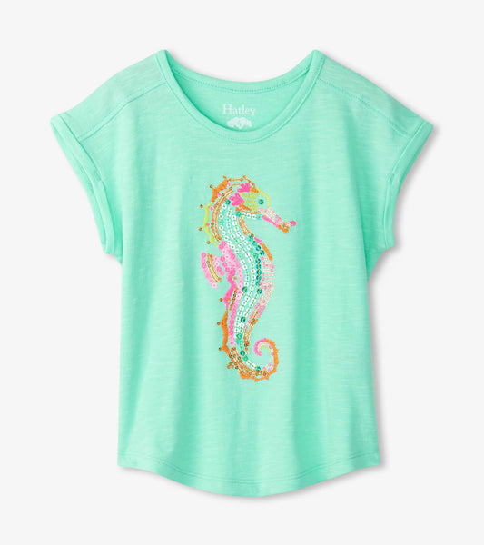 Hatley Mädchen T-Shirt mit Pailletten und Stickerei im Seepferdchen-Motiv-Mokkini Kindermode